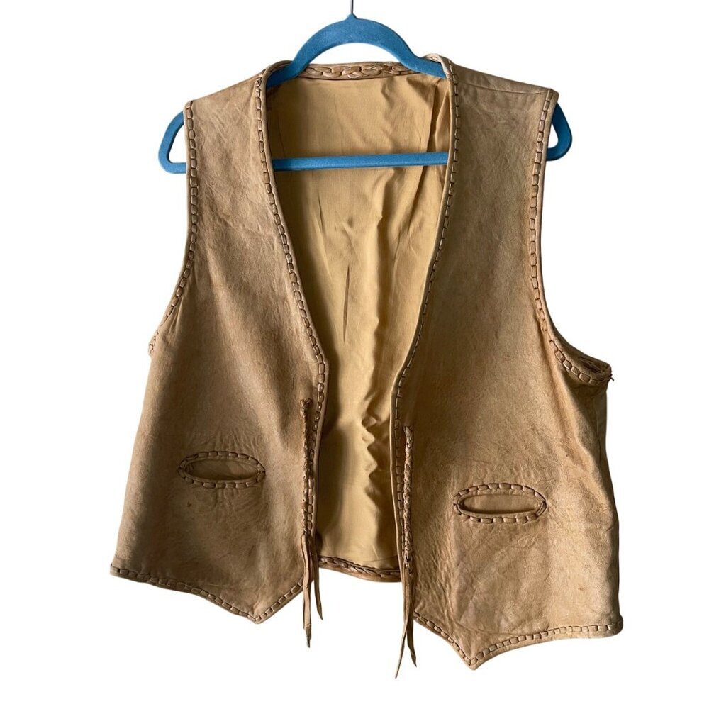 Vintage Mens Vest Size Medium Tan Custom Made Leather Lined Pockets Casual